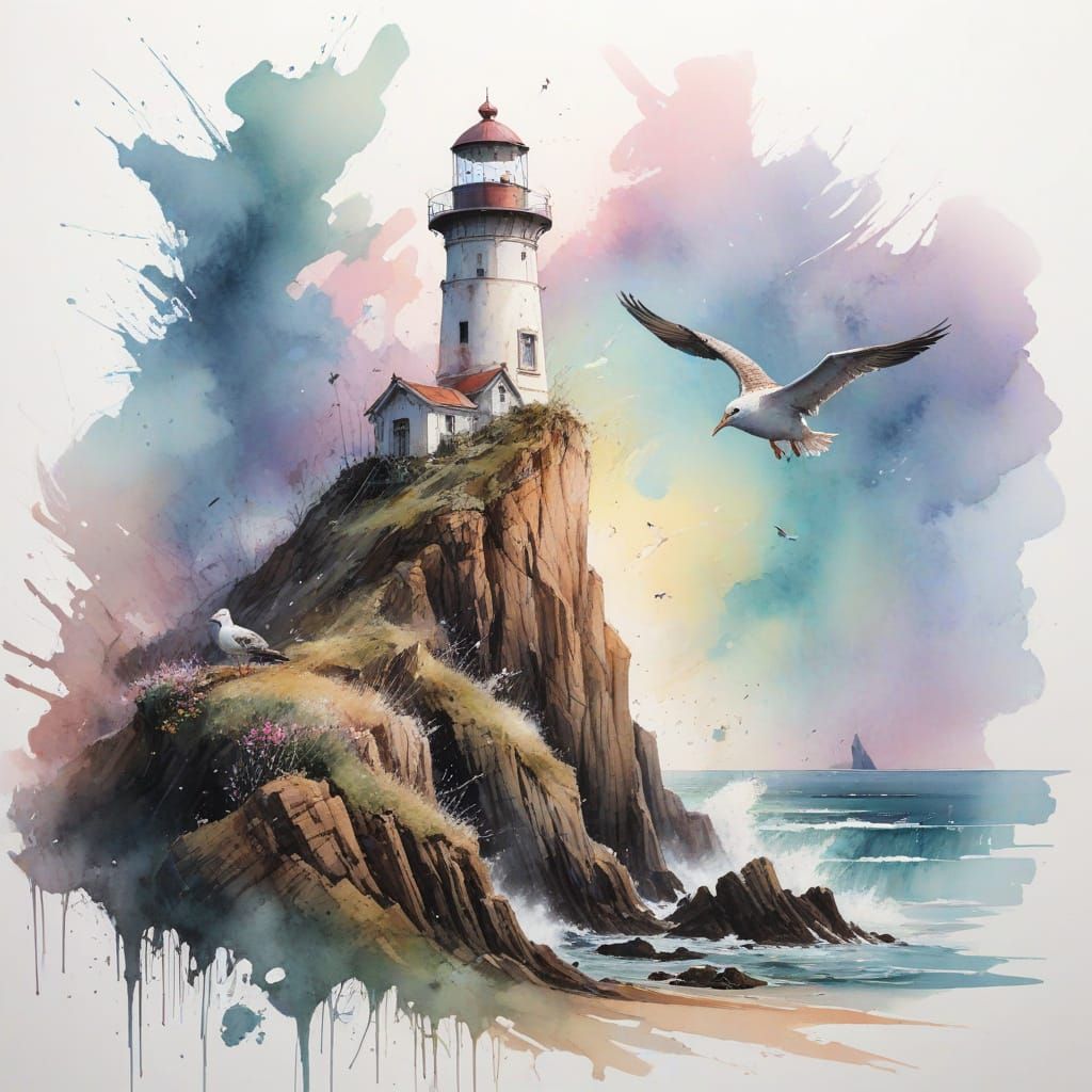 Whimsical Coastal Lighthouse Scene in Watercolour Style