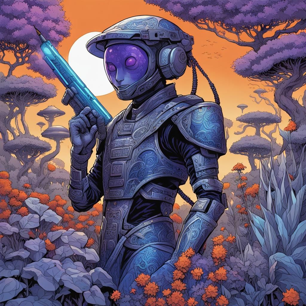 Cyberpunk Ninja in Alien Garden: Cel-Shaded Anime Art