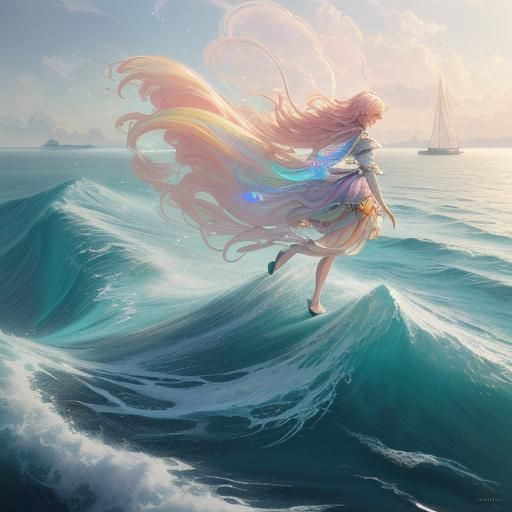 Twin Anime Fairies Ride Iridescent Ocean Wave