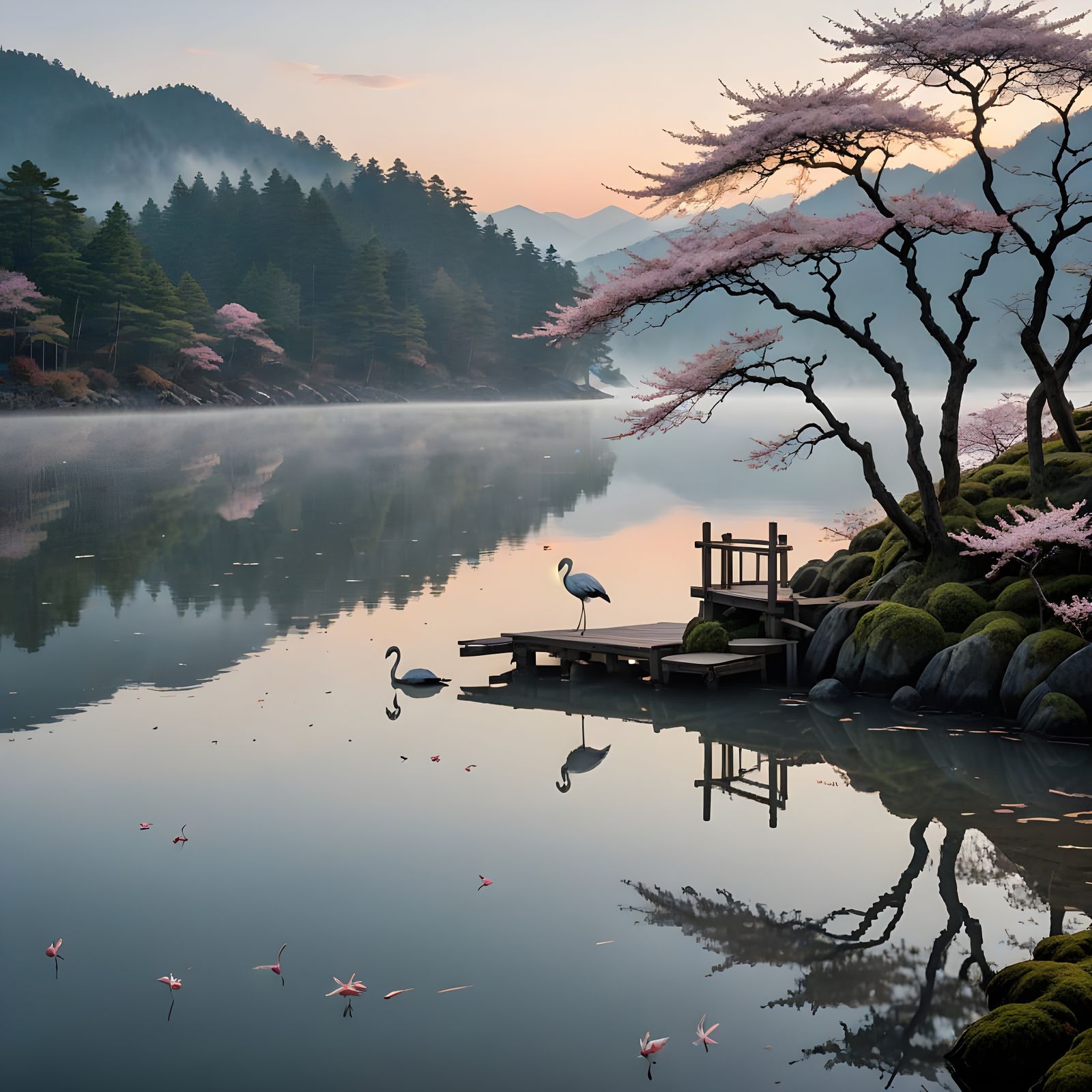 Japanese Woodblock Print of Misty Lake at Dawn