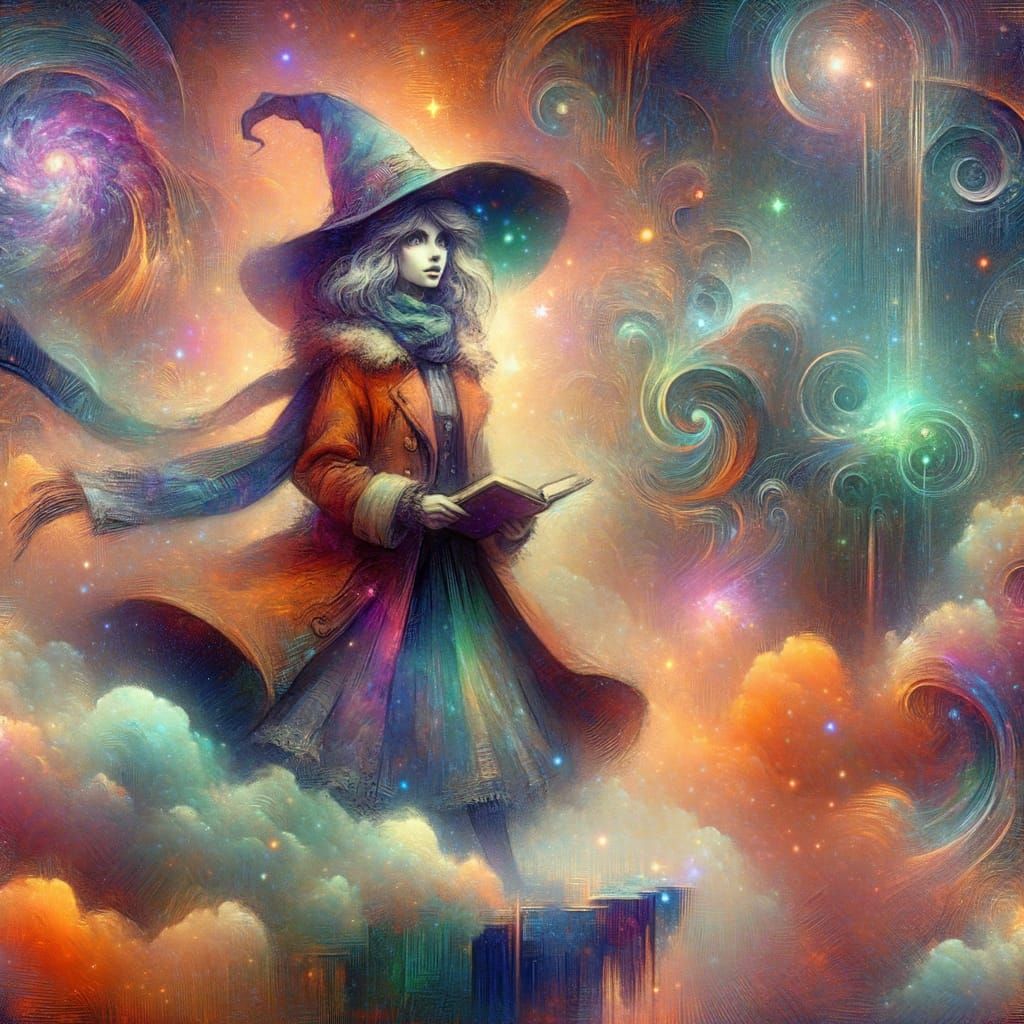 Whimsical Witch on Floating Island in Watercolor Anime Style