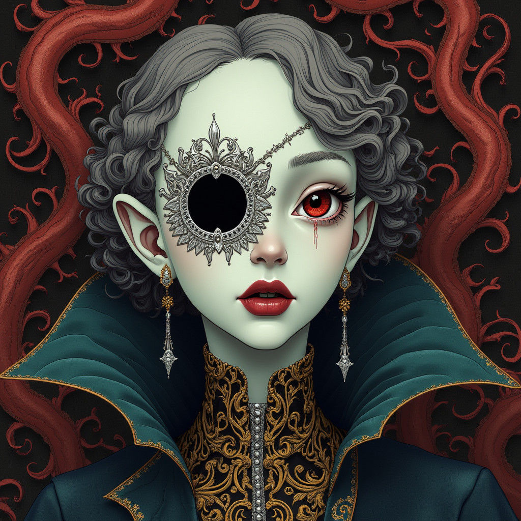 Baroque Vampire with Fractal Pattern in Ghibli Style
