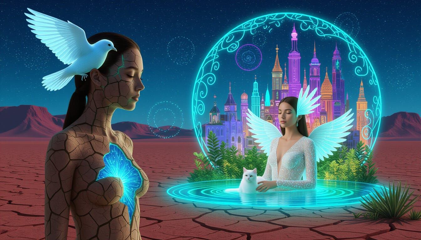 Figure of Earth Revealing Bioluminescent Oasis