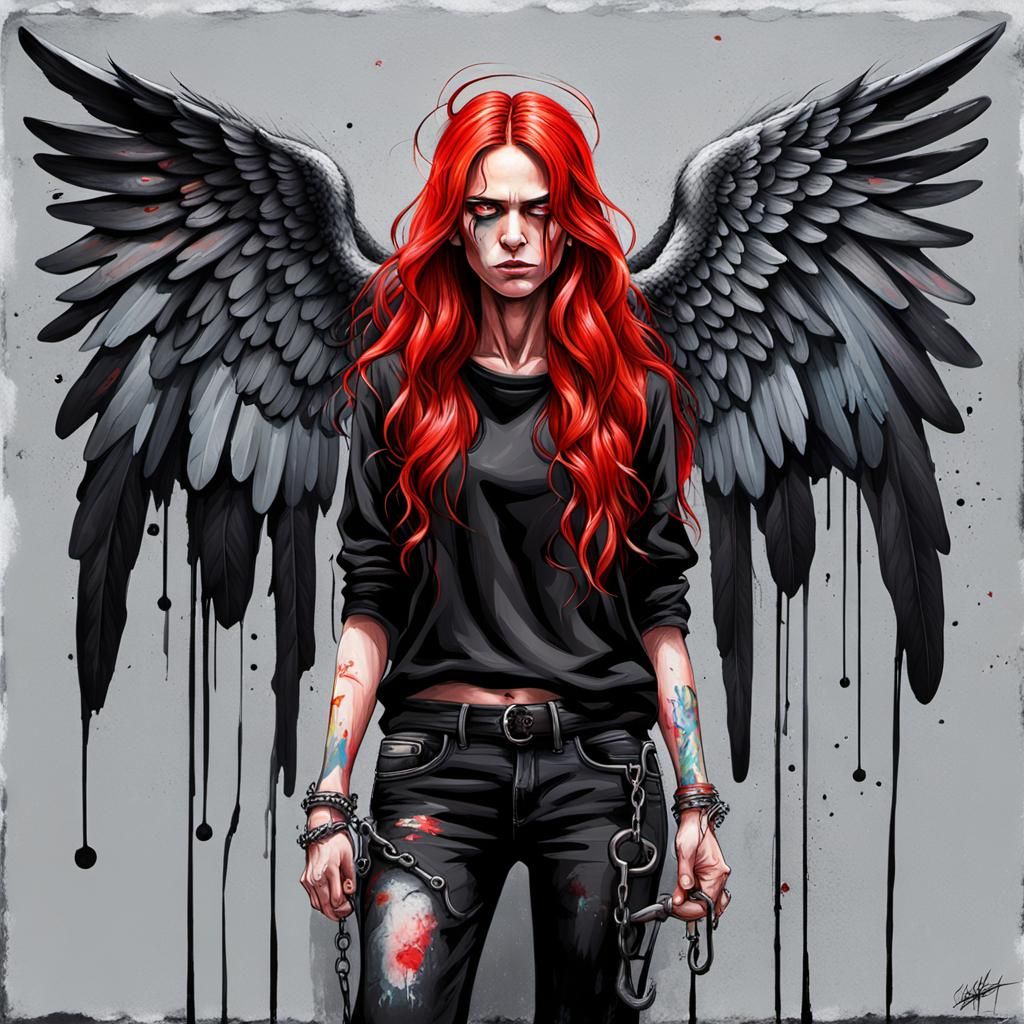 Black Angel with Red Hair in Graffiti Art Style