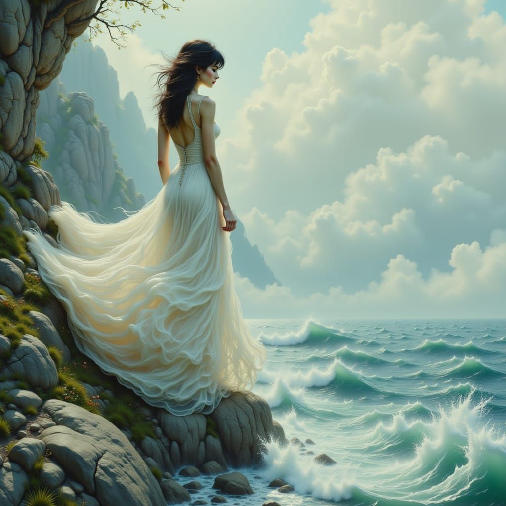 Woman in White Dress on Rocky Coastline