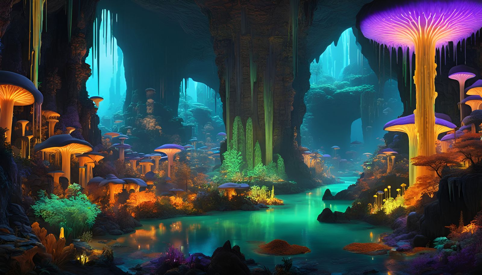 Bioluminescent City in Subterranean Cavern