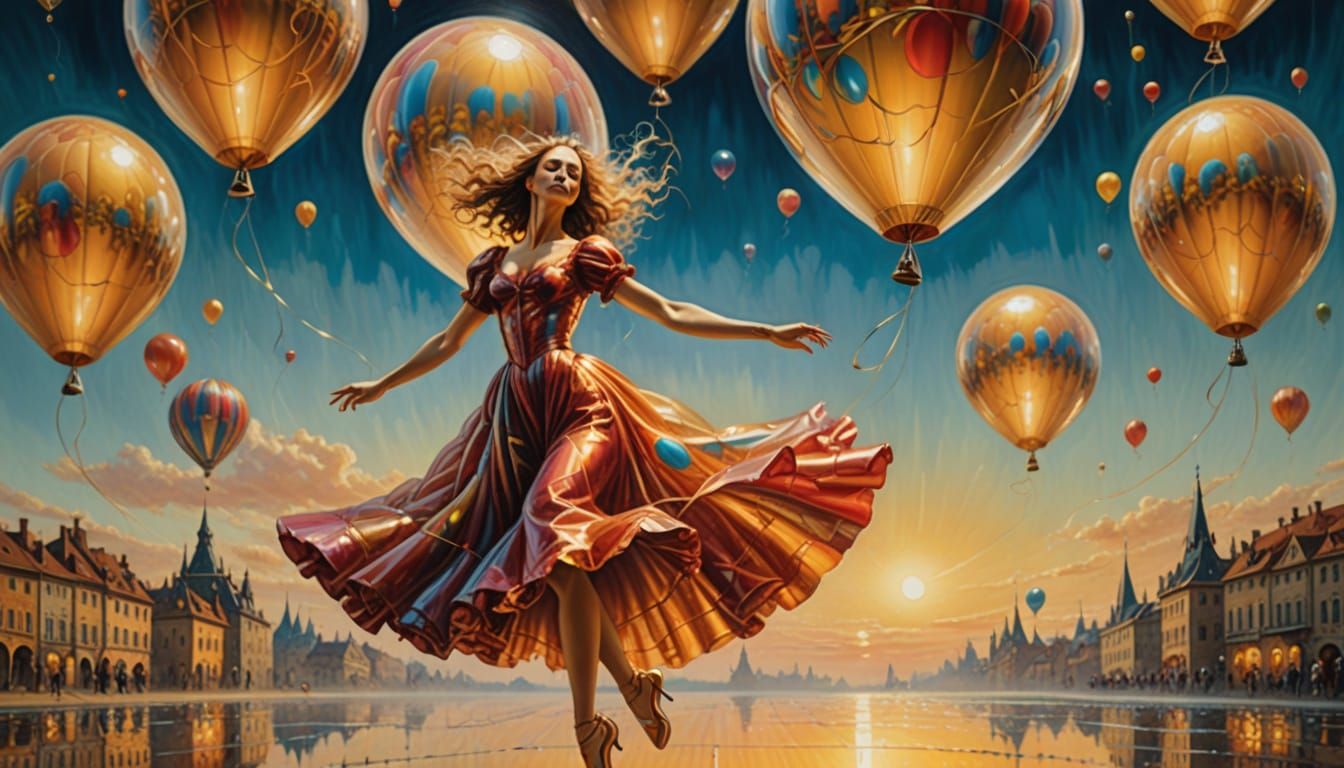 Surreal Dancer in Balloon: Oil Painting with Golden Light