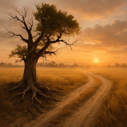 Idyllic Rural Landscape with Golden Light as Oil Painting