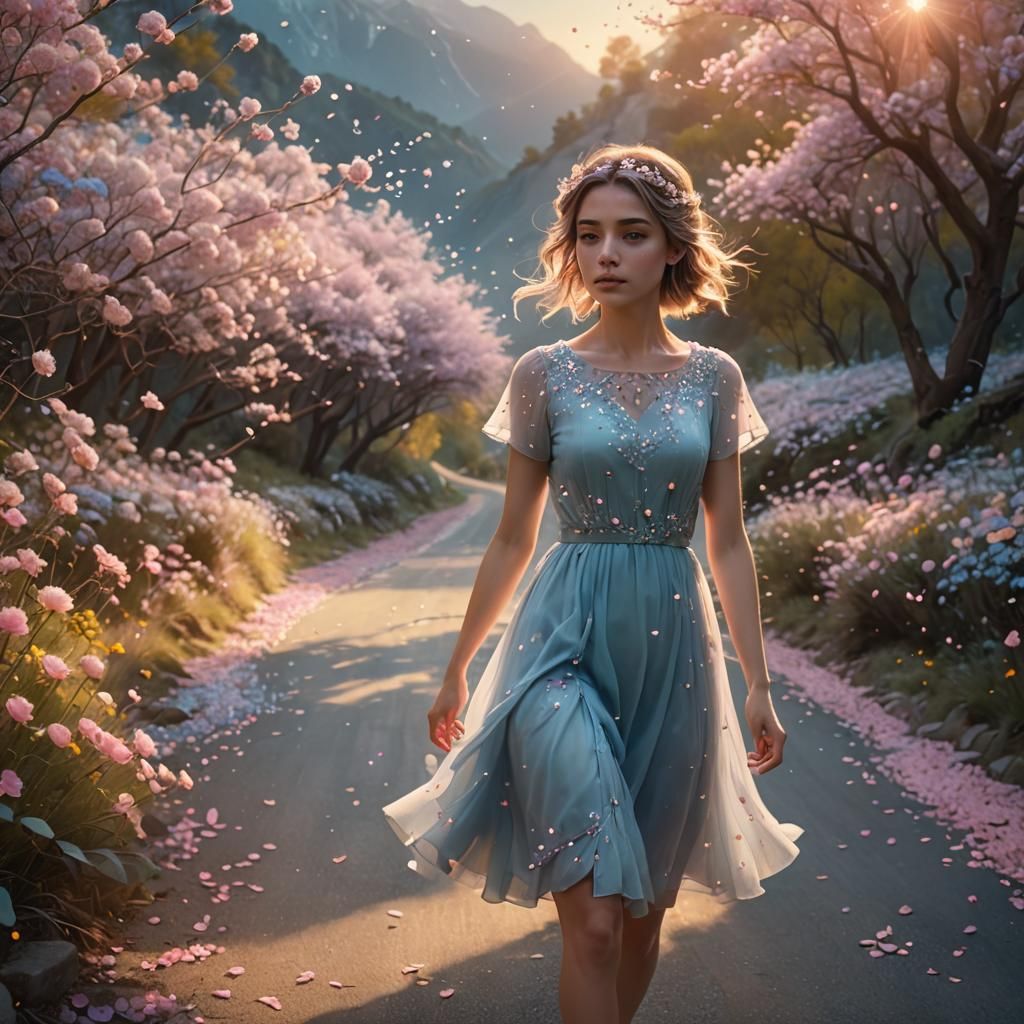 Girl on Winding Road with Falling Flowers