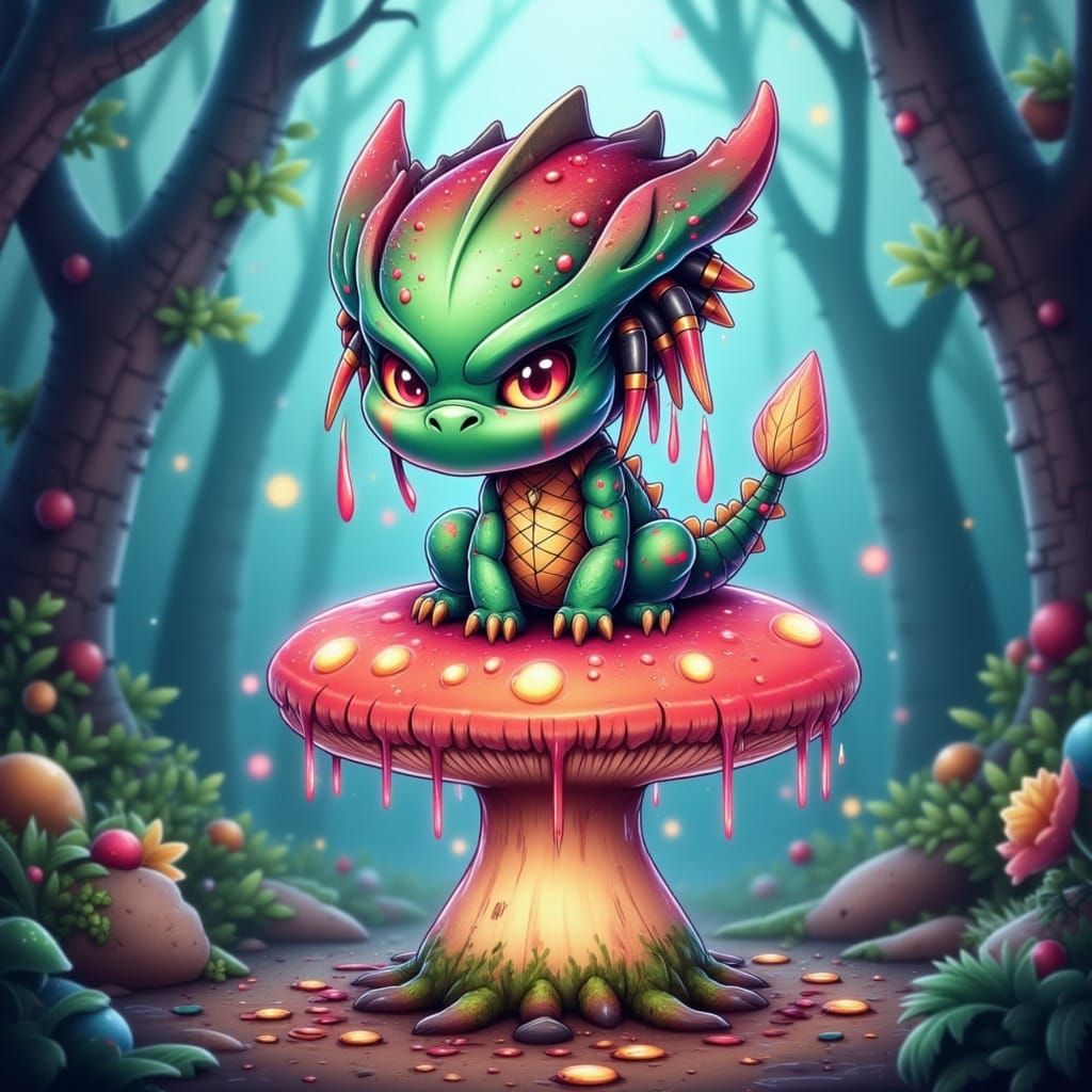 Whimsical Chibi Dragon on a Glowing Mushroom in a Dreamlike ...