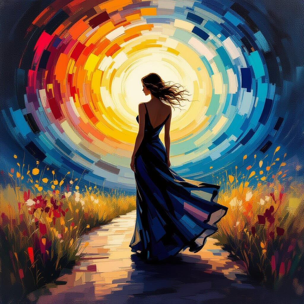 Solitary Woman Bending Like Light in Abstract Expressionist ...