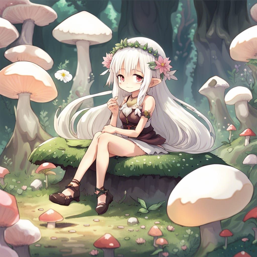 Anime Elf Princess on Toadstool Mushroom