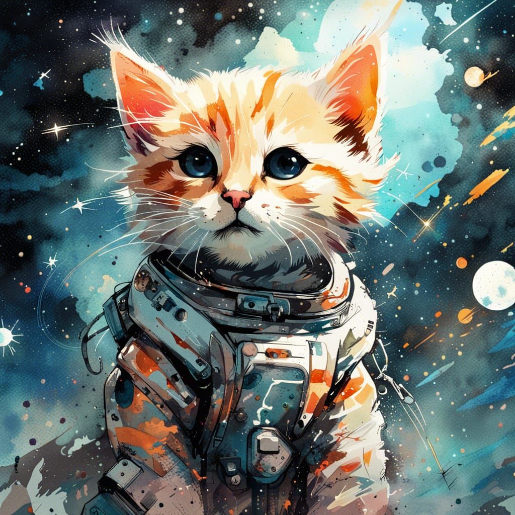Adorable Baby Cat in Space, Watercolor Style