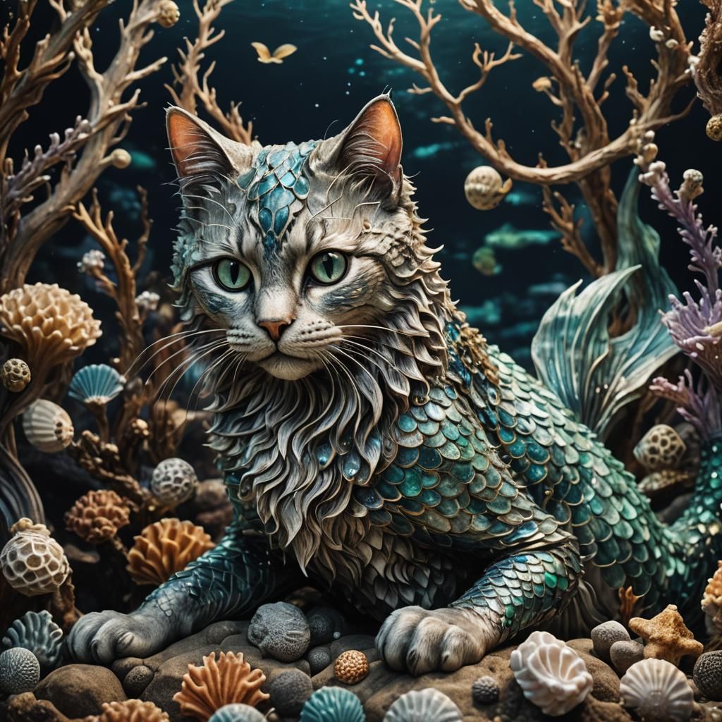 Hyperrealistic Mermaid Cat with Intricate Details