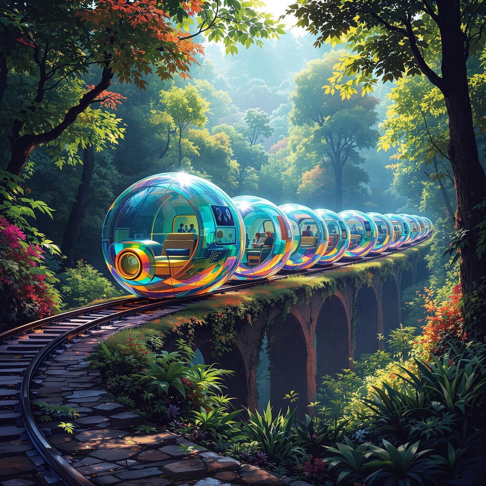 Futuristic Bubble Train Through Lush Forest