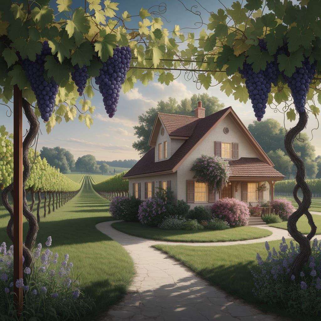 Idyllic Vineyard Scene in Hyperrealistic Style
