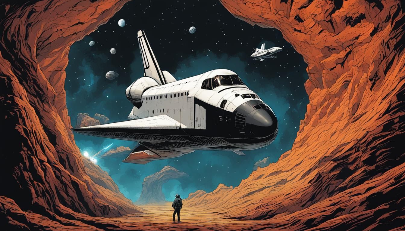 Space Shuttle flying through a large cavern Mark Brooks and Dan Mumford, comic book art, perfect, smooth
