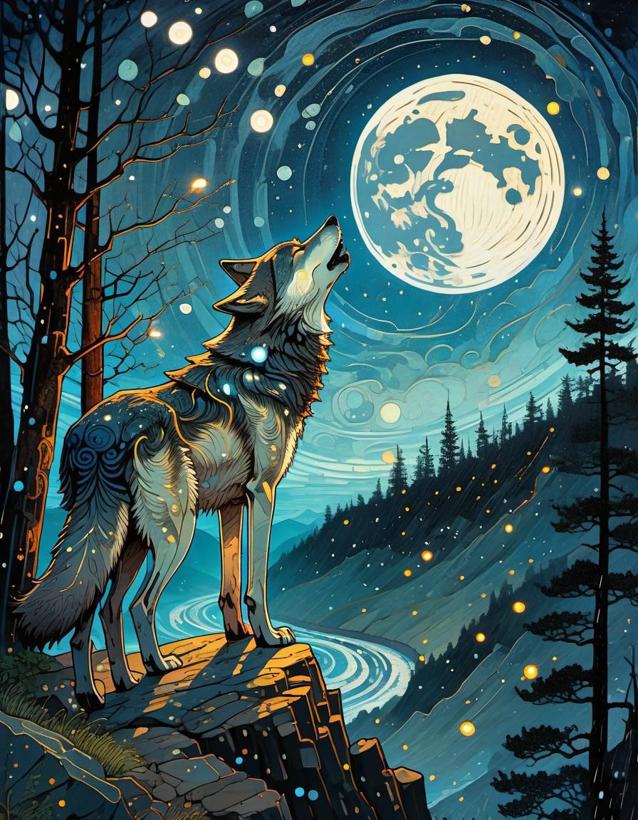 Hyperdetailed Wolf Howling at Moonlit Starry Night