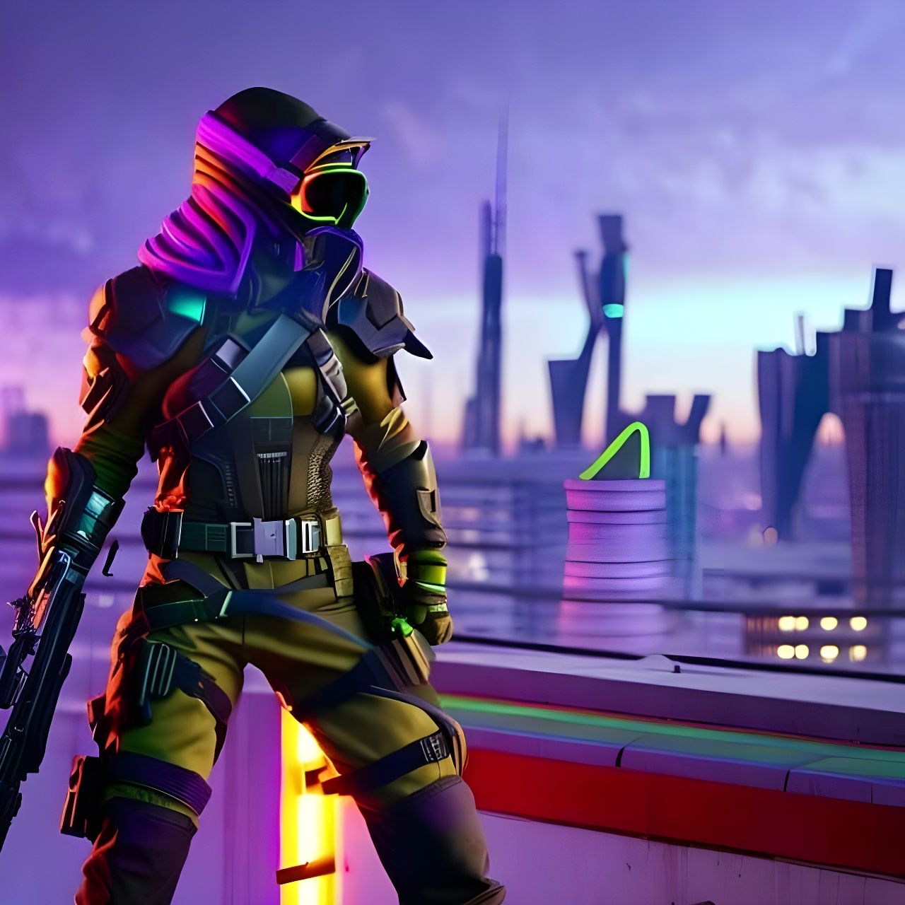 Cyberpunk Sniper in Neon Cityscape
