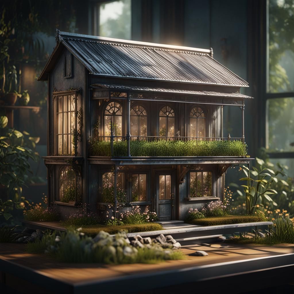 Miniature Metal Home with Garden: 3D Game Render