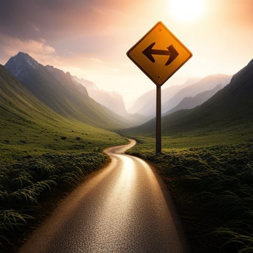 Road Sign Fork Symbolizing Decision-Making in Fantasy Art