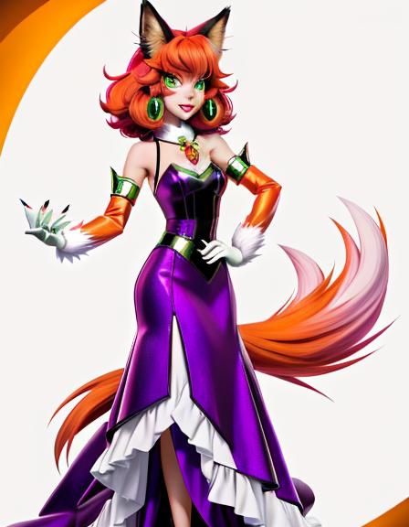 A CGI animated anthropomorphic fox Diane Foxington with green emerald eyes in a prom pink gown without a tank and with h...