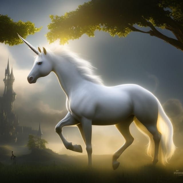 Iridescent Unicorn in Medieval Castle Fantasy Art
