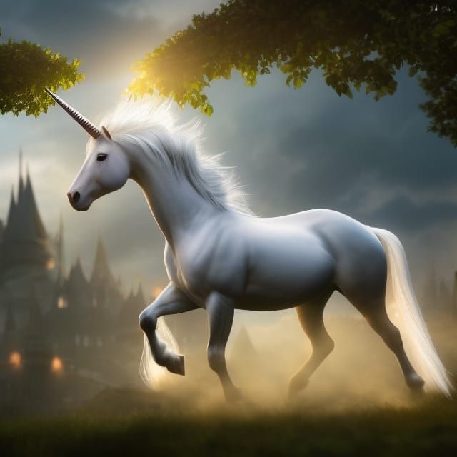 Iridescent Unicorn in Medieval Castle Fantasy Scene