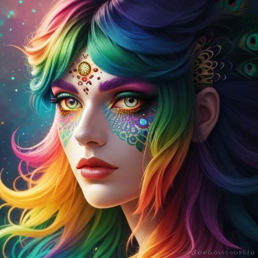 Woman with Rainbow Scales in Cosmic Illustration Style