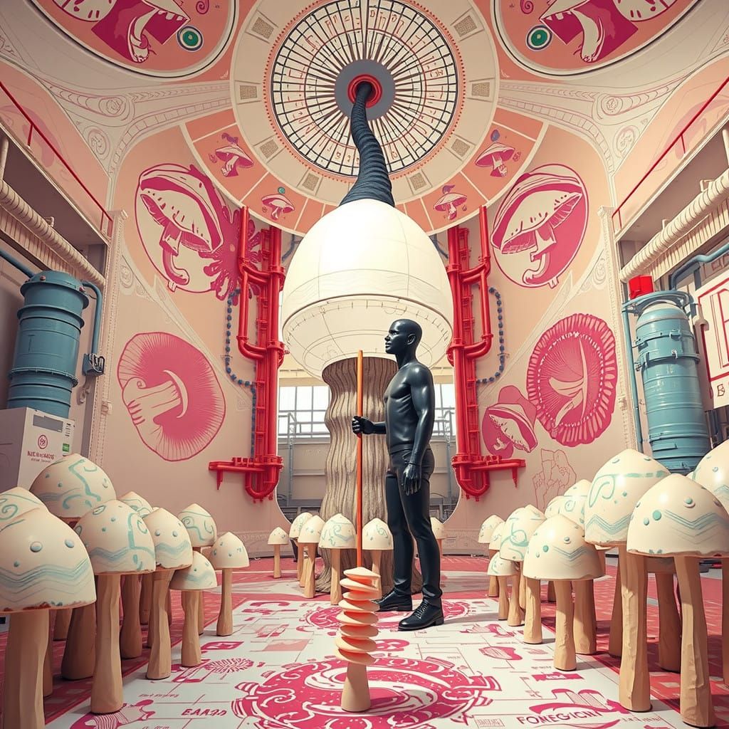 Gigantic Linocut Mushroom Sculpture in Industrial Setting