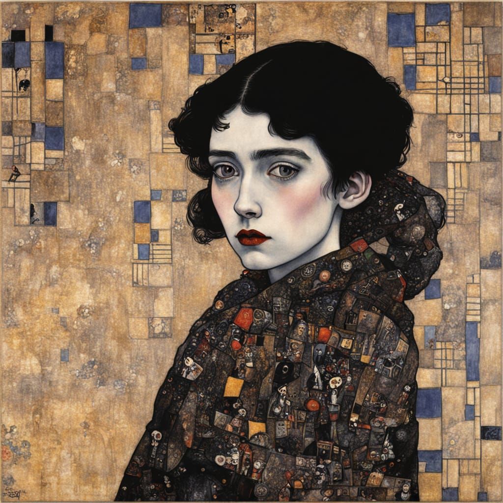 Goth Girl Portrait in Klimt and Schiele Style