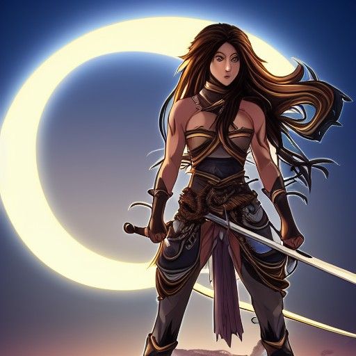 Anime Warrior Woman with Sword in Moonlight