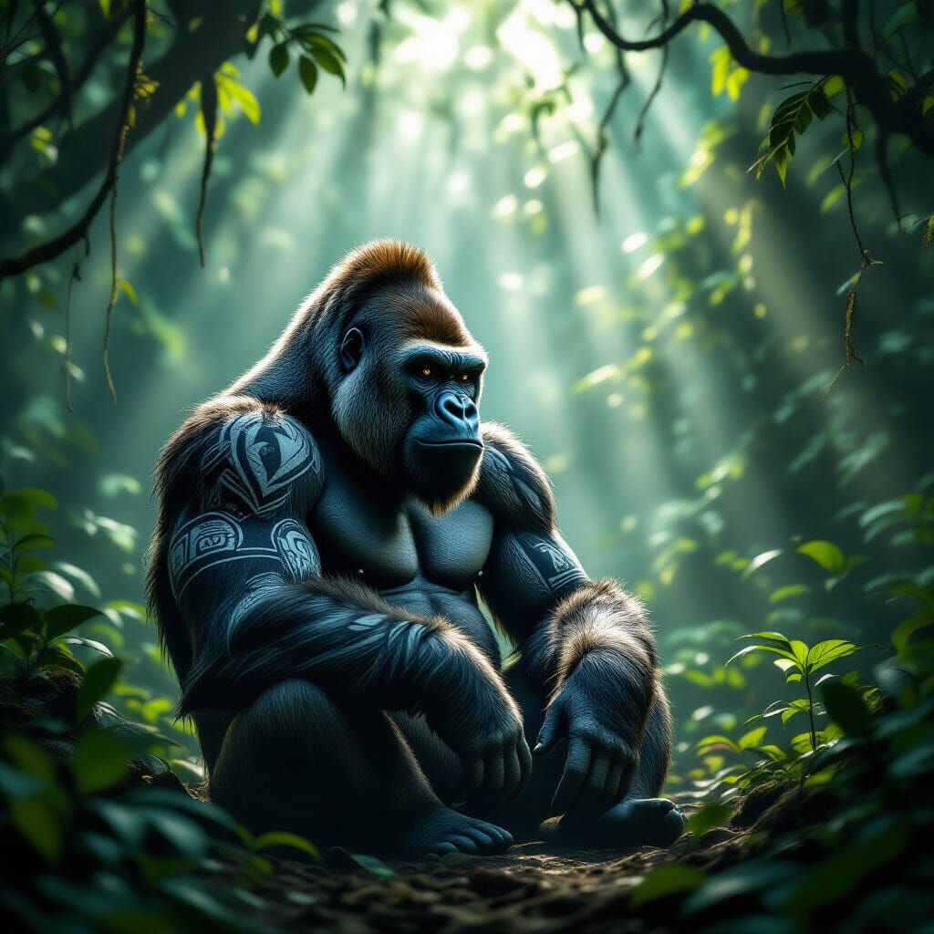 Majestic Gorilla with Tribal Markings in Misty Jungle