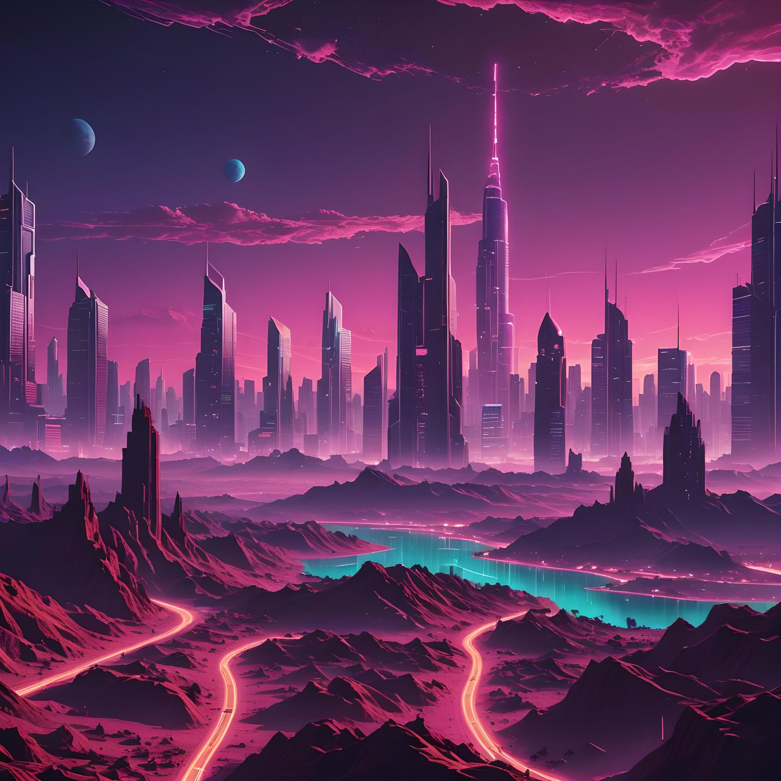 Alien Cityscape with Neon Skyscrapers