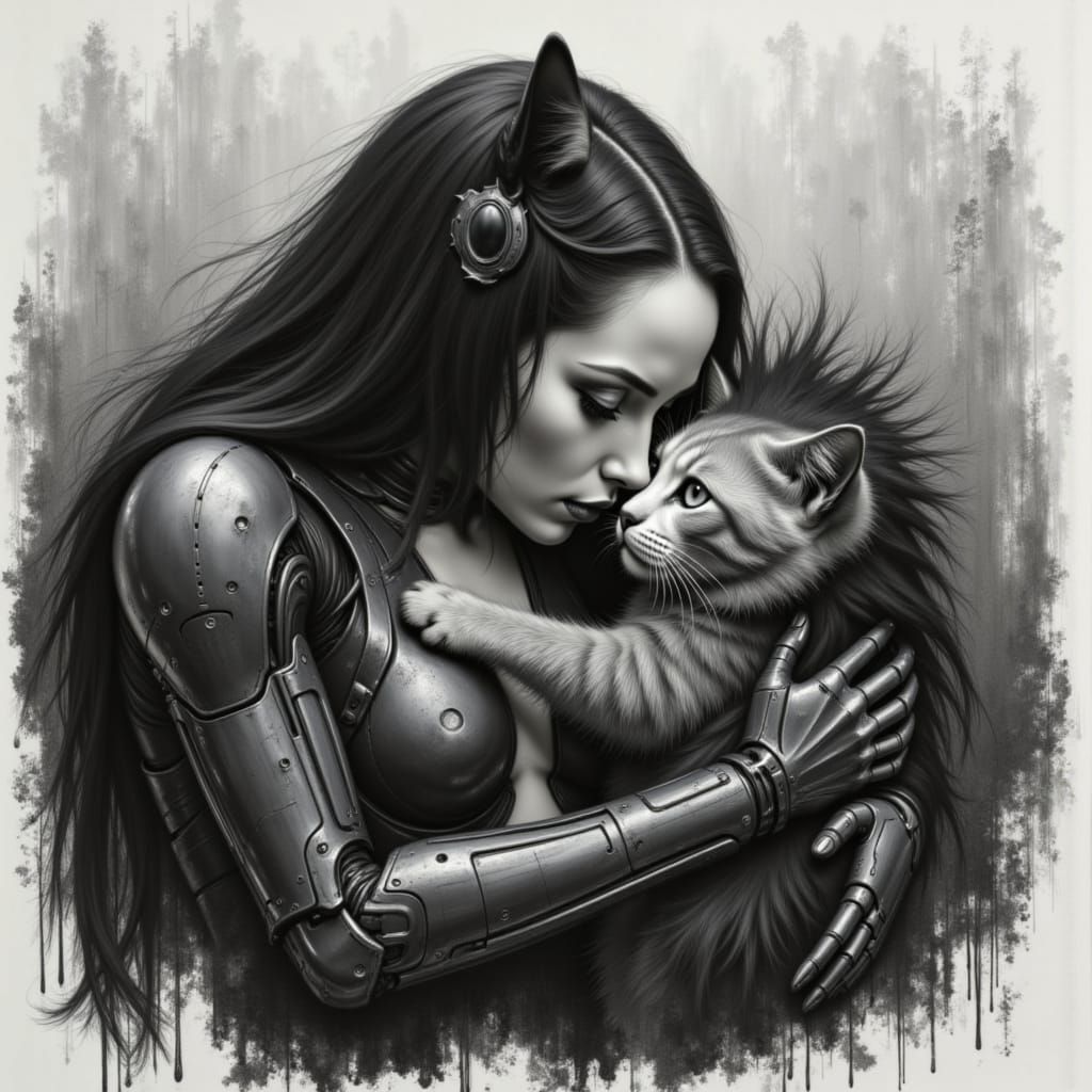 Cyborg Embrace: Human and Cat in Charcoal