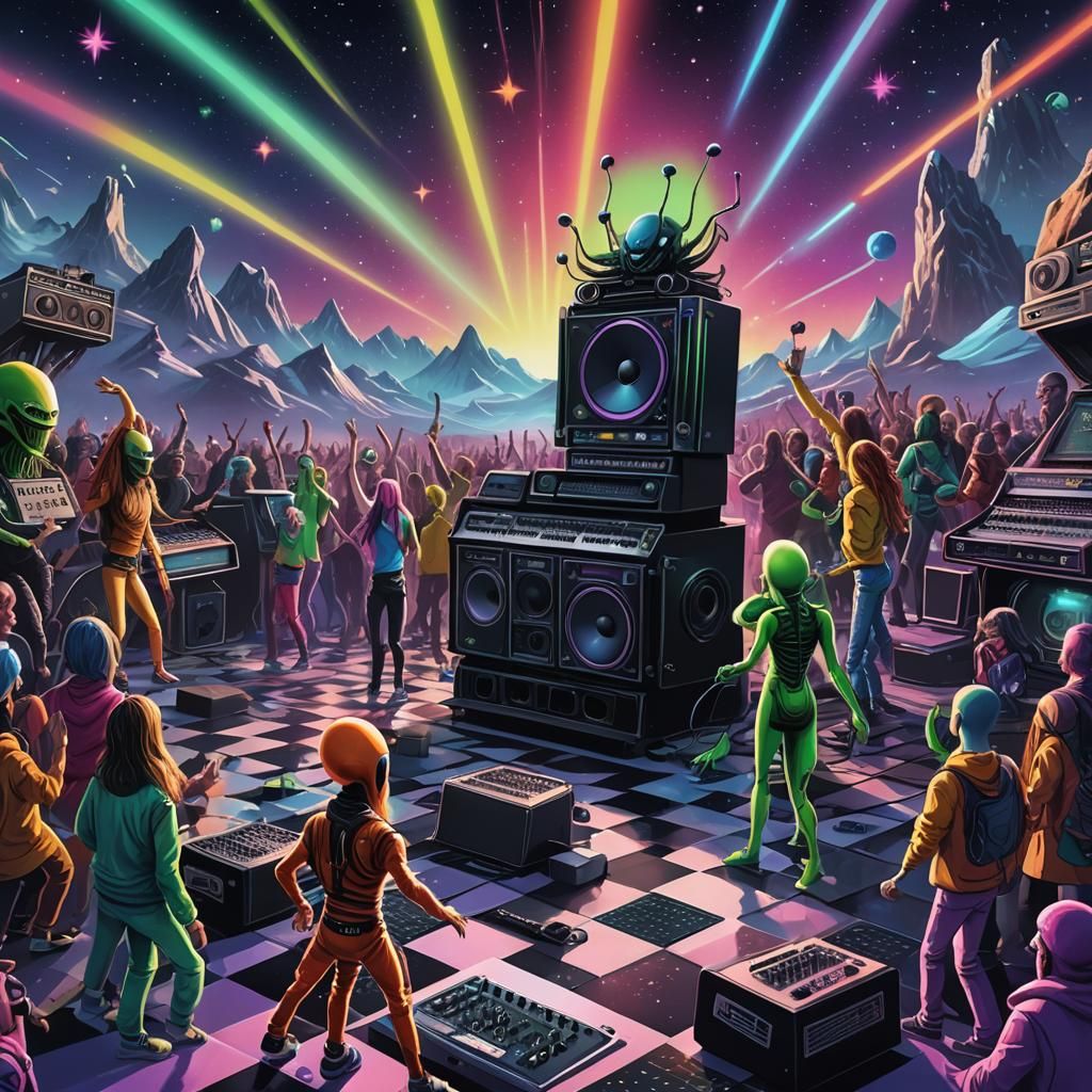 Aliens Rock Band Concert in Hyperrealistic Digital Art