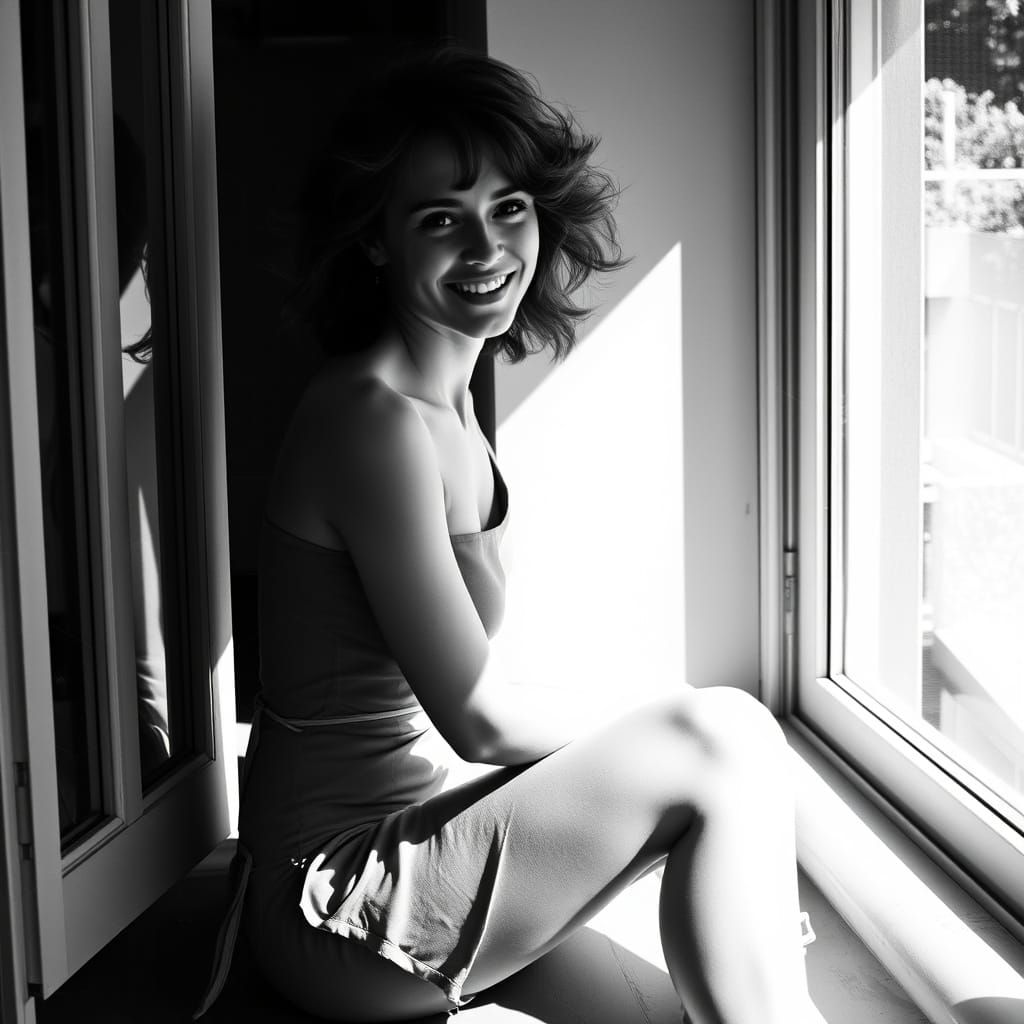 Woman on Windowsill with Digital Glitch Overlay