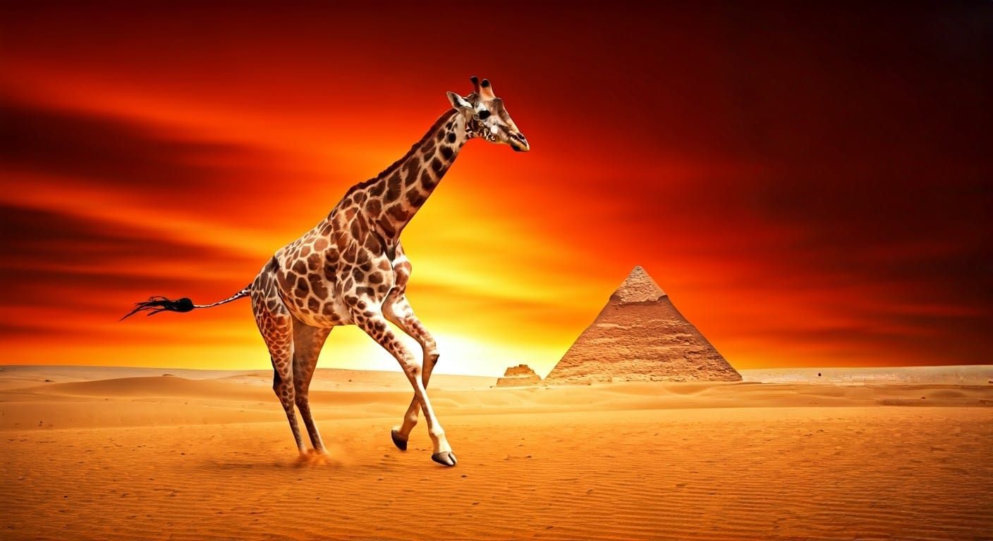 Giraffe Runs Through Egyptian Desert Landscape with Blazing ...