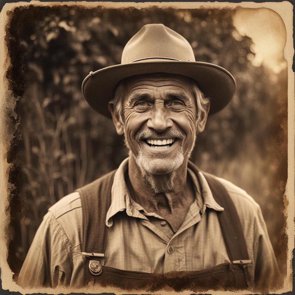 Smiling Farmer in Sepia Tone Vintage Photo