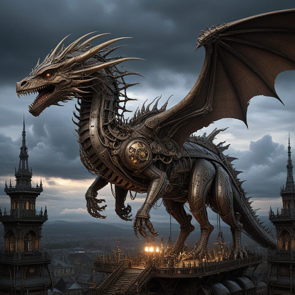 Steampunk Dragon Airship Soaring Through Stormy Skies