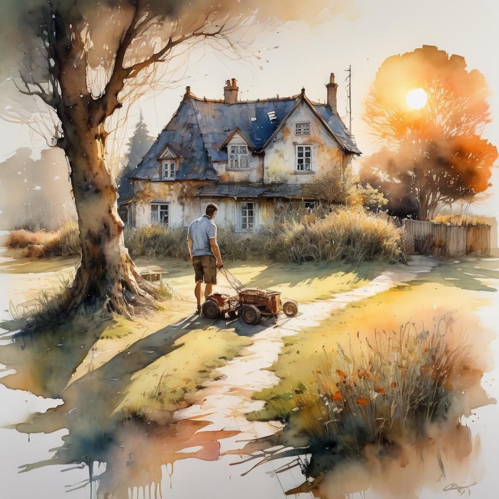 Dreamy Watercolor of Man Mowing Lawn at Sunset