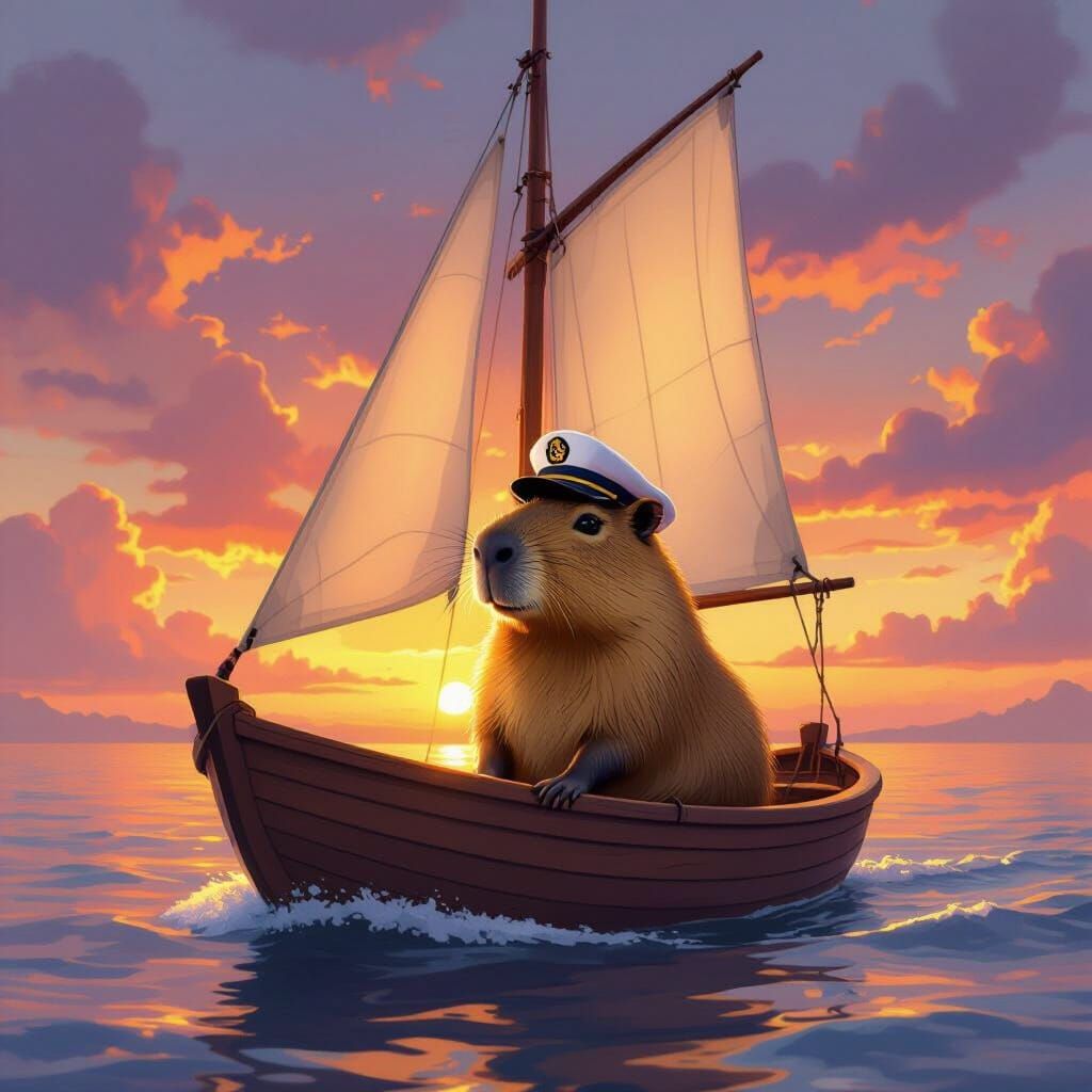 Capybara Captain Sails at Golden Hour Sunset