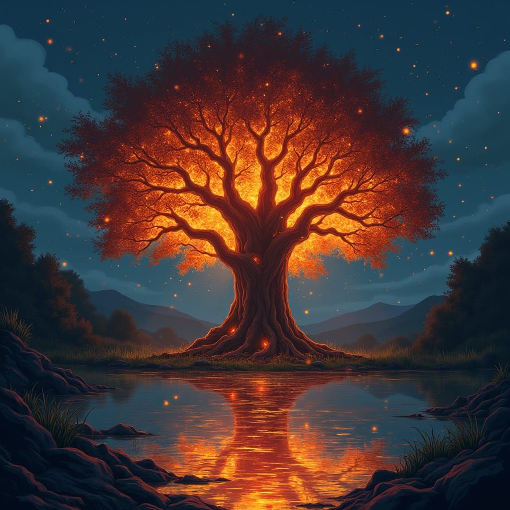 Majestic Blazing Tree Illuminates Serene Pond in Vibrant Ora...