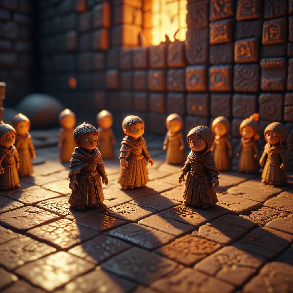 Miniature Clay Figures Playing in Golden Light