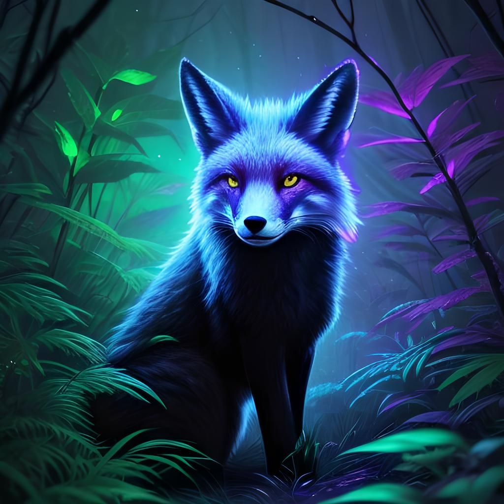 Luminous Red Fox in Fluorescent Forest, Digital Art