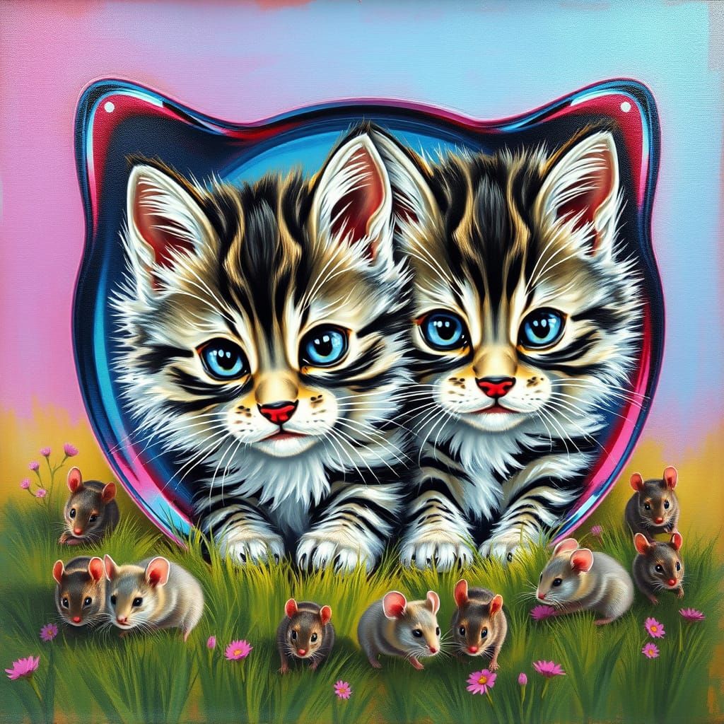 Stunning Feline Glass Scene in Vibrant Oil Brushed Style