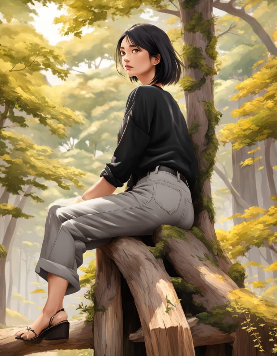 Girl Slowly Turns Towards the Camera from Tree