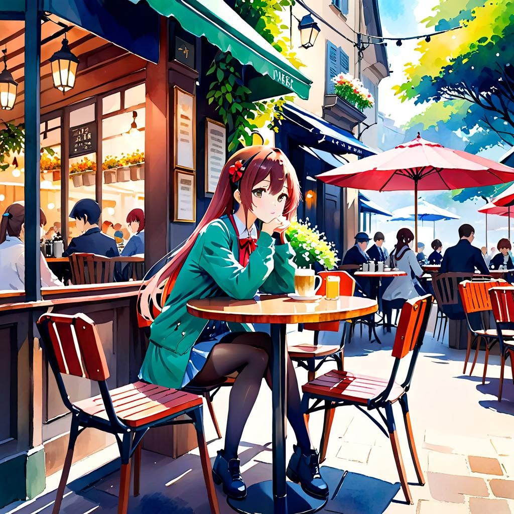 Anime Girl at Cafe in Watercolor Style