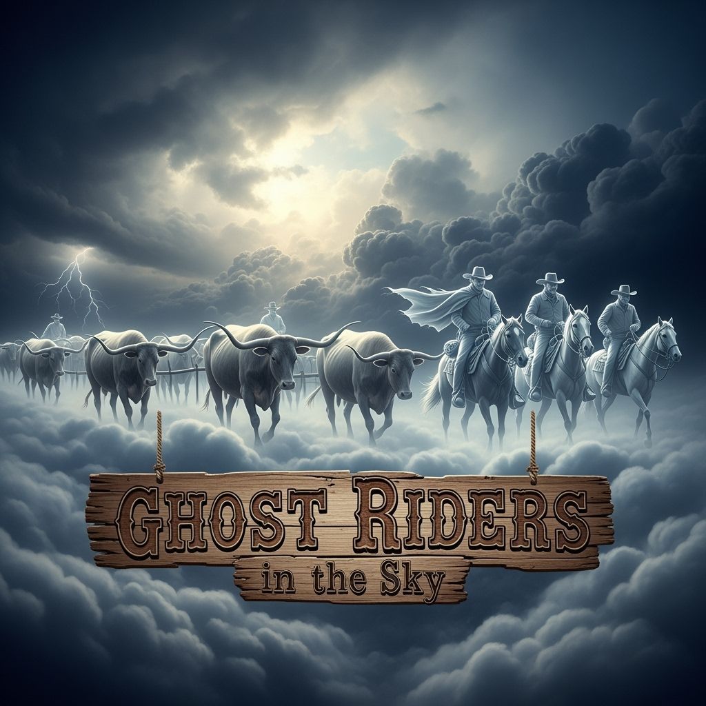 Ghostly Cowboys Herding Cows in Cloudy Sky