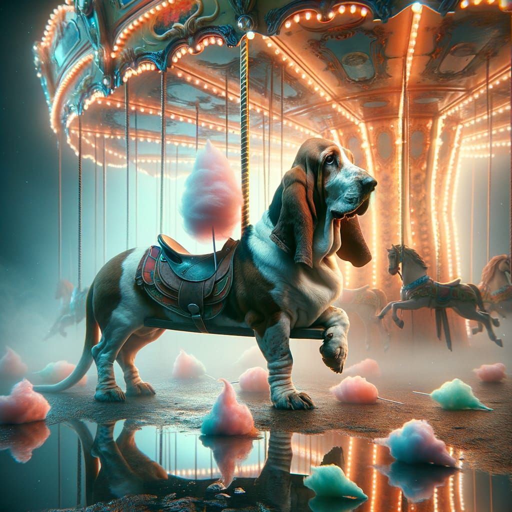 Basset Hound on Broken Carousel Horse Amidst Neon Rain